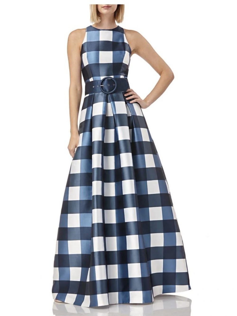 Kay Unger Navy Blue White Buffalo Check Gingham Satin Mikado Midi Dress Size 14